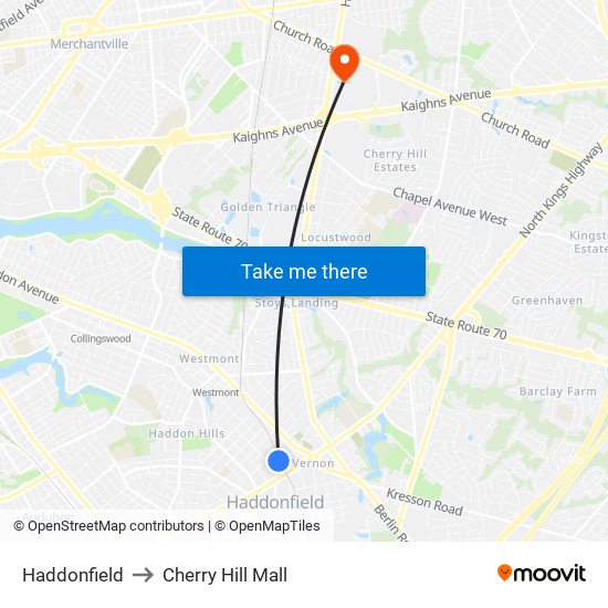 Haddonfield to Cherry Hill Mall map