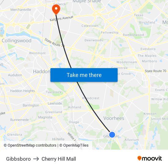 Gibbsboro to Cherry Hill Mall map