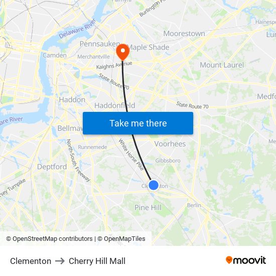 Clementon to Cherry Hill Mall map