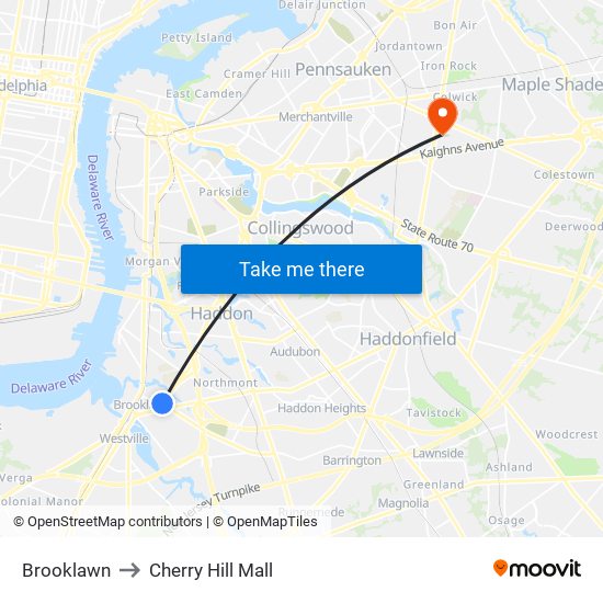 Brooklawn to Cherry Hill Mall map