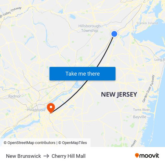 New Brunswick to Cherry Hill Mall map