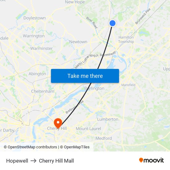 Hopewell to Cherry Hill Mall map