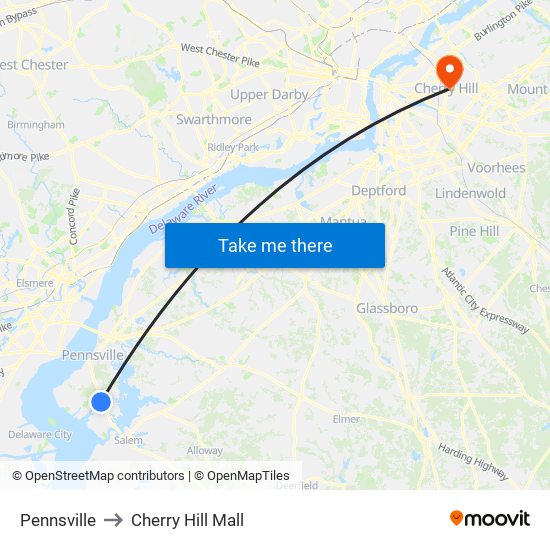 Pennsville to Cherry Hill Mall map