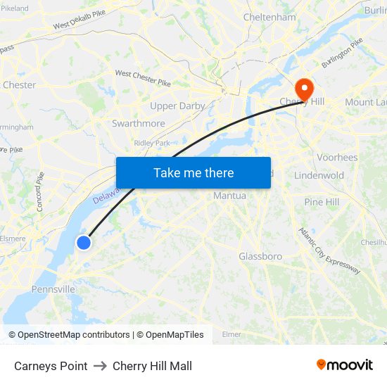 Carneys Point to Cherry Hill Mall map