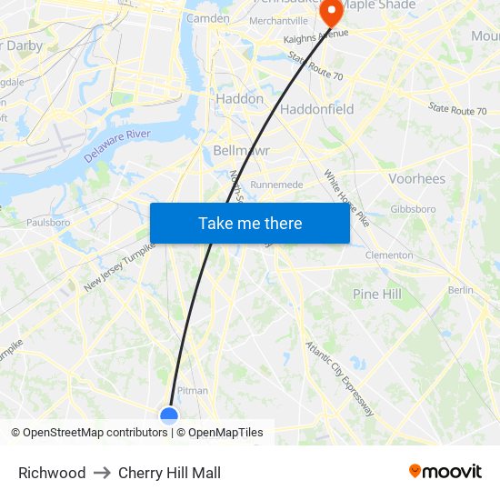 Richwood to Cherry Hill Mall map