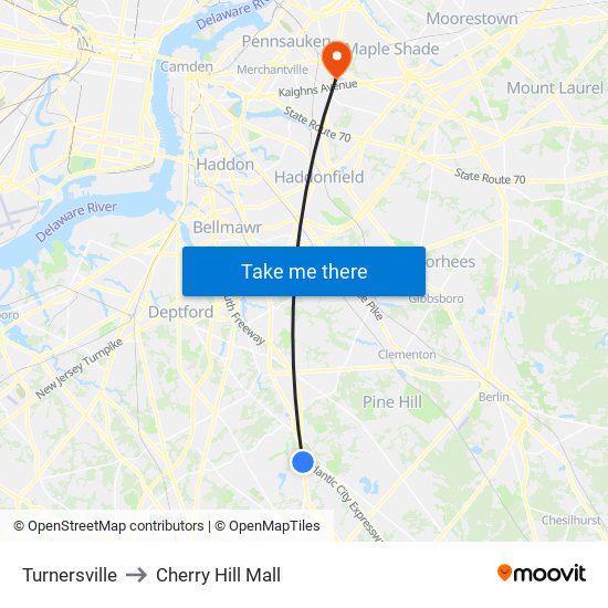 Turnersville to Cherry Hill Mall map