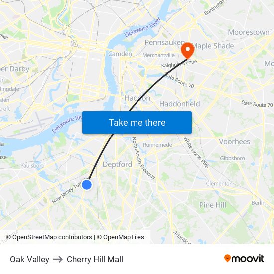 Oak Valley to Cherry Hill Mall map