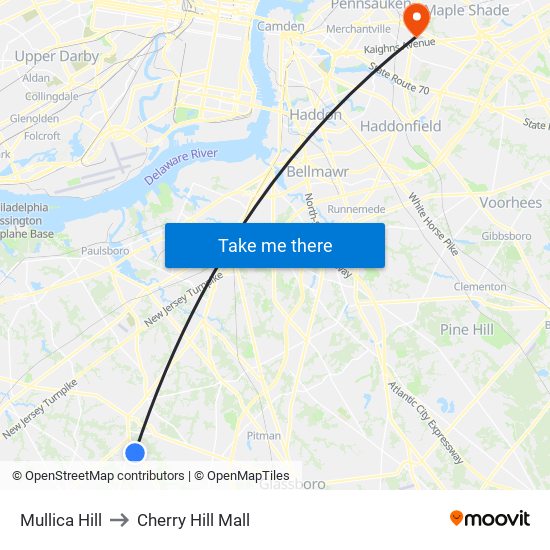 Mullica Hill to Cherry Hill Mall map