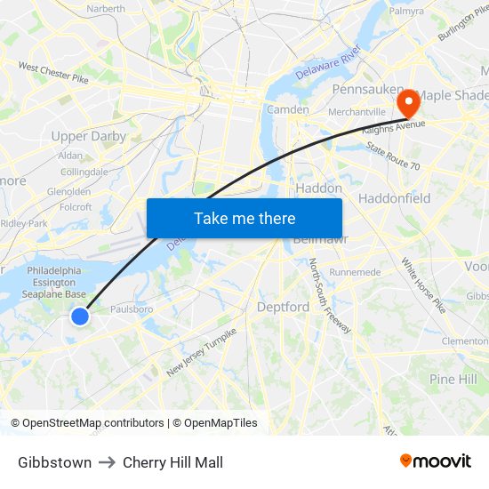 Gibbstown to Cherry Hill Mall map