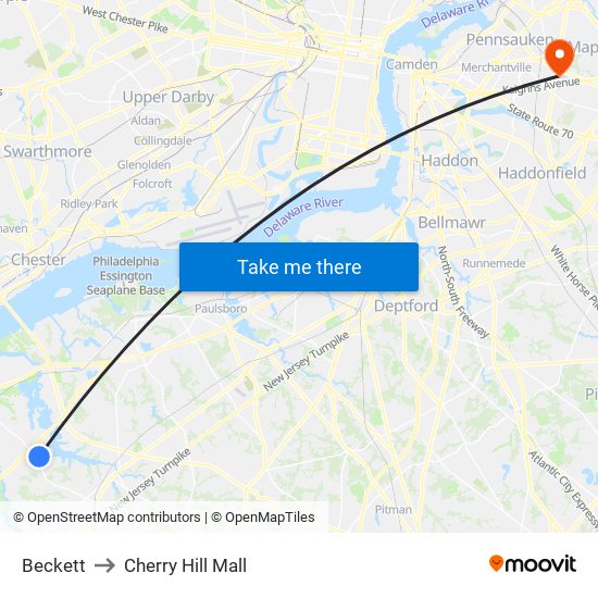 Beckett to Cherry Hill Mall map