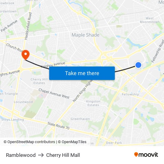 Ramblewood to Cherry Hill Mall map