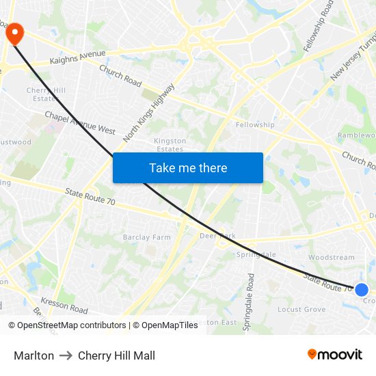 Marlton to Cherry Hill Mall map