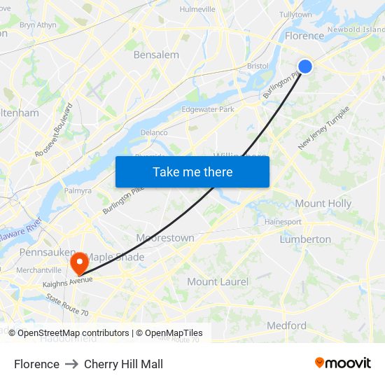 Florence to Cherry Hill Mall map