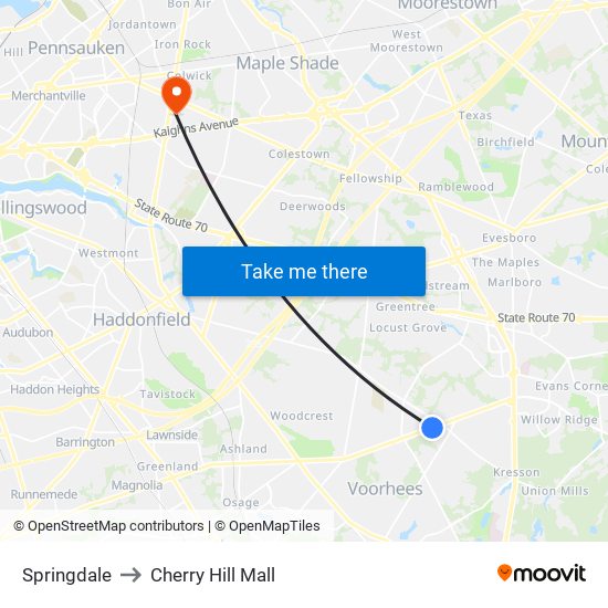 Springdale to Cherry Hill Mall map