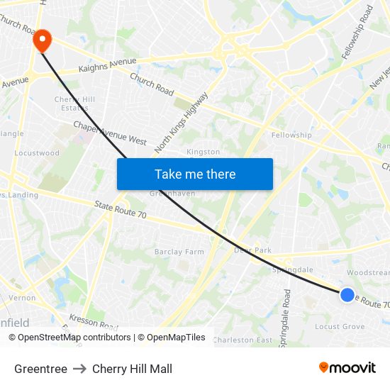 Greentree to Cherry Hill Mall map