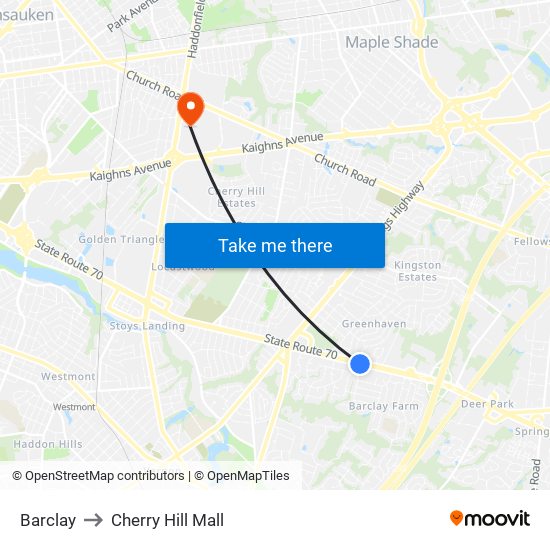 Barclay to Cherry Hill Mall map