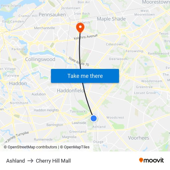 Ashland to Cherry Hill Mall map