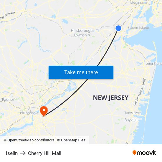 Iselin to Cherry Hill Mall map
