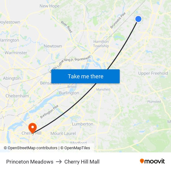 Princeton Meadows to Cherry Hill Mall map