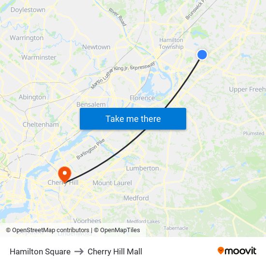 Hamilton Square to Cherry Hill Mall map