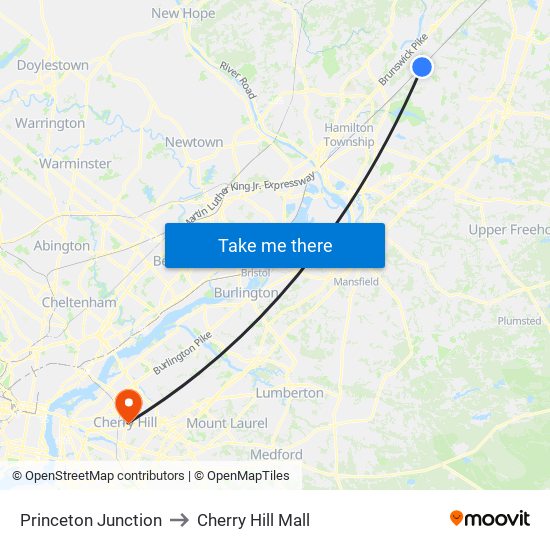 Princeton Junction to Cherry Hill Mall map