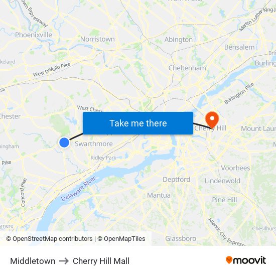 Middletown to Cherry Hill Mall map