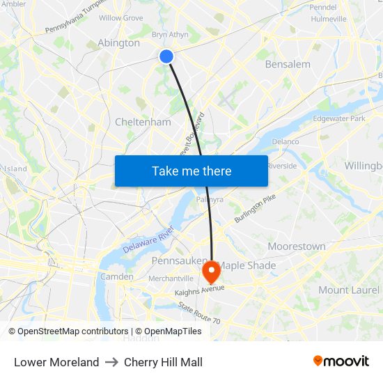 Lower Moreland to Cherry Hill Mall map