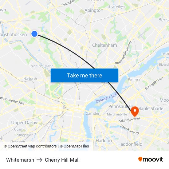 Whitemarsh to Cherry Hill Mall map