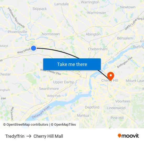 Tredyffrin to Cherry Hill Mall map
