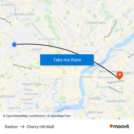 Radnor to Cherry Hill Mall map