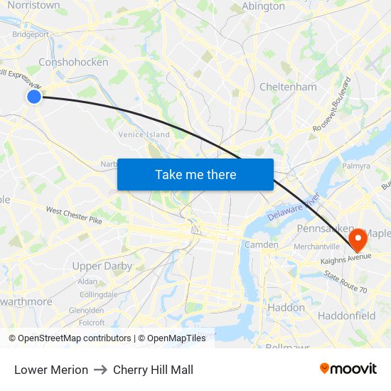 Lower Merion to Cherry Hill Mall map