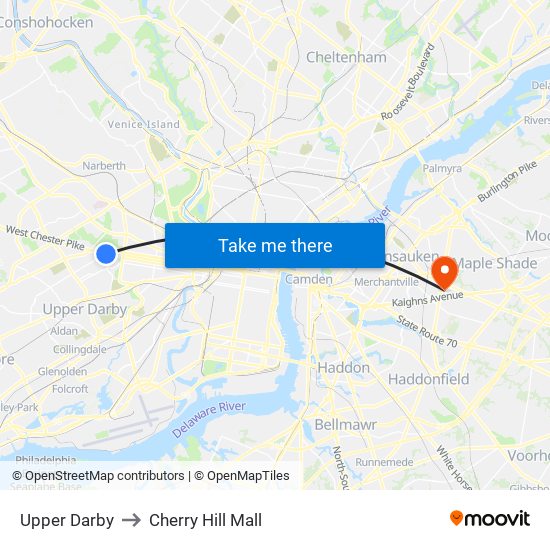 Upper Darby to Cherry Hill Mall map