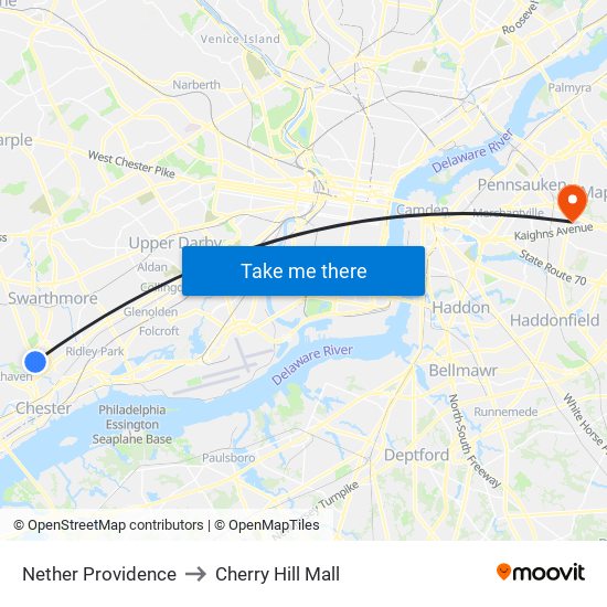 Nether Providence to Cherry Hill Mall map