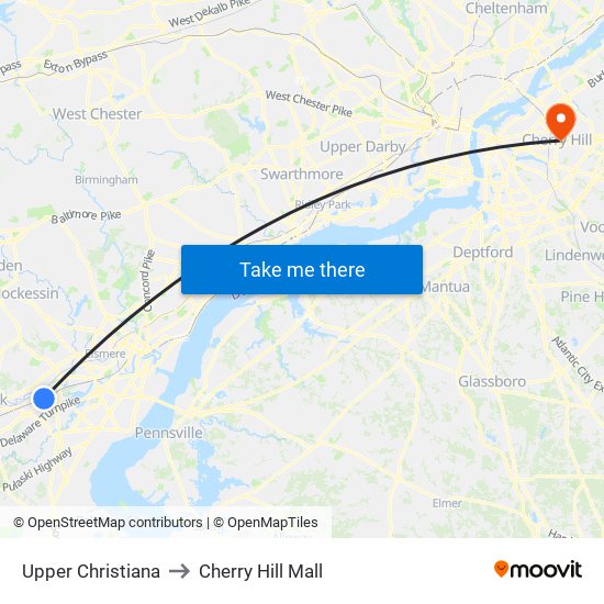 Upper Christiana to Cherry Hill Mall map