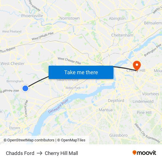 Chadds Ford to Cherry Hill Mall map
