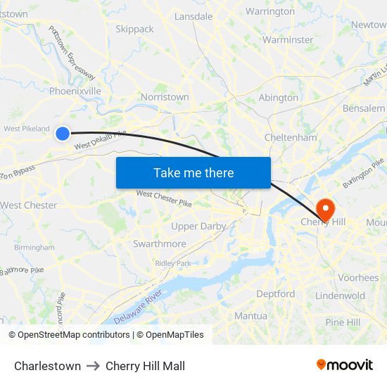 Charlestown to Cherry Hill Mall map