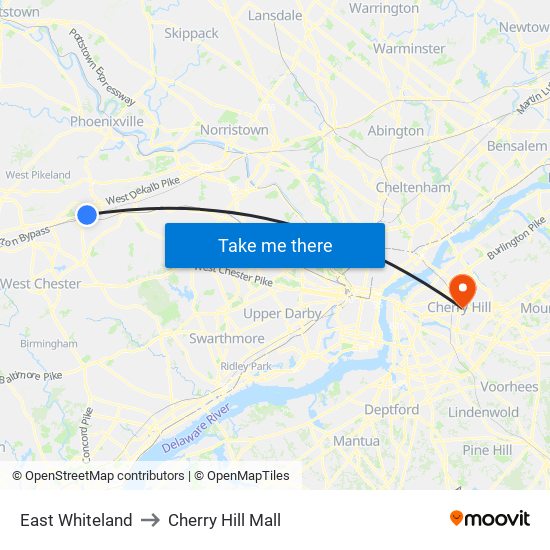 East Whiteland to Cherry Hill Mall map