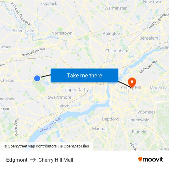 Edgmont to Cherry Hill Mall map
