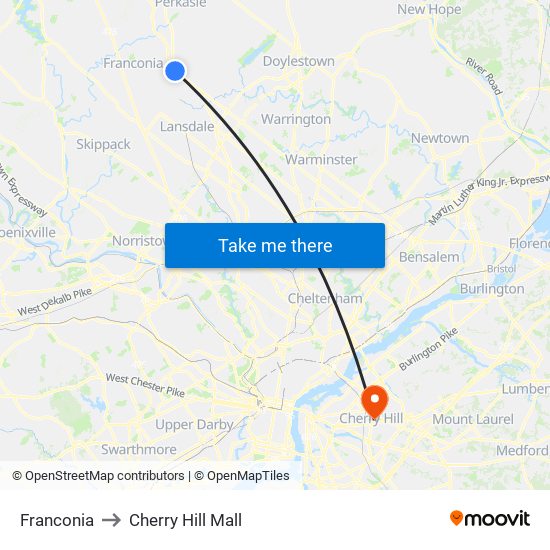 Franconia to Cherry Hill Mall map