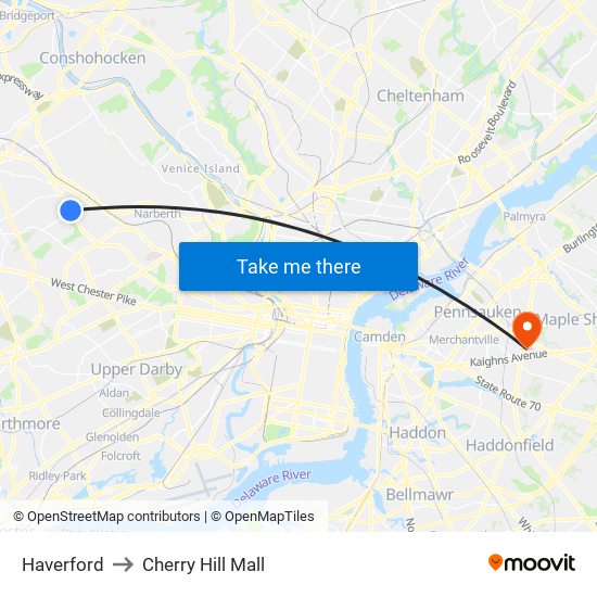 Haverford to Cherry Hill Mall map