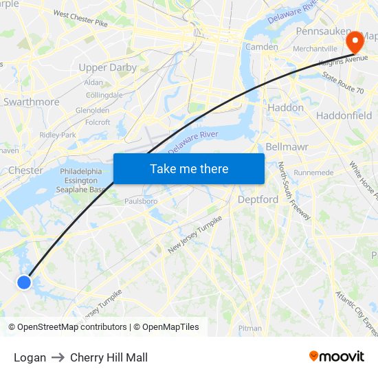Logan to Cherry Hill Mall map