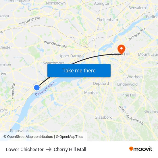 Lower Chichester to Cherry Hill Mall map