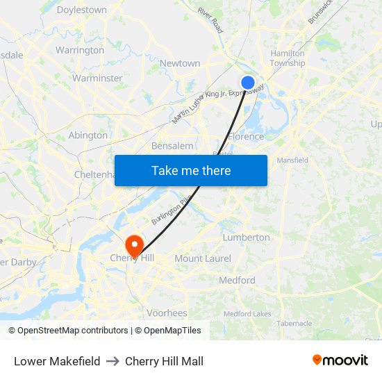 Lower Makefield to Cherry Hill Mall map