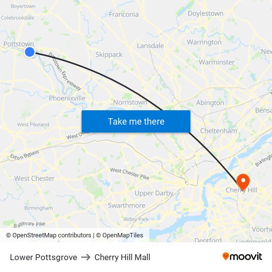 Lower Pottsgrove to Cherry Hill Mall map