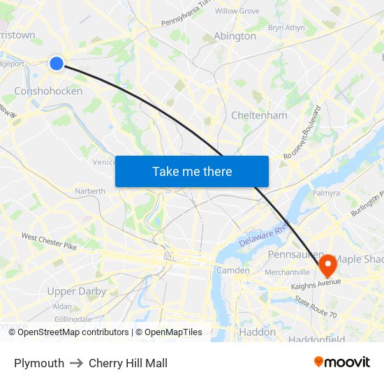 Plymouth to Cherry Hill Mall map