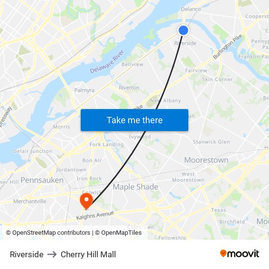 Riverside to Cherry Hill Mall map