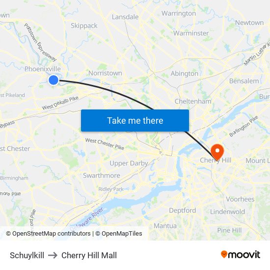 Schuylkill to Cherry Hill Mall map