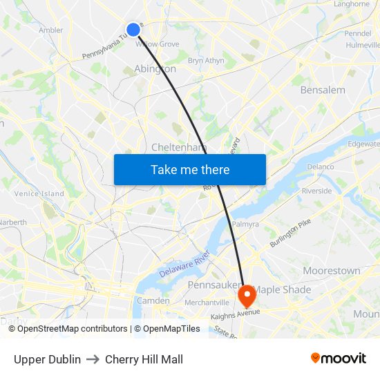 Upper Dublin to Cherry Hill Mall map