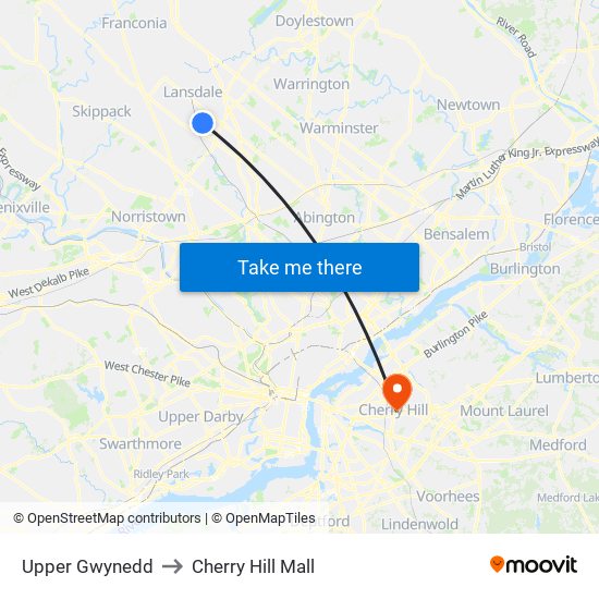 Upper Gwynedd to Cherry Hill Mall map