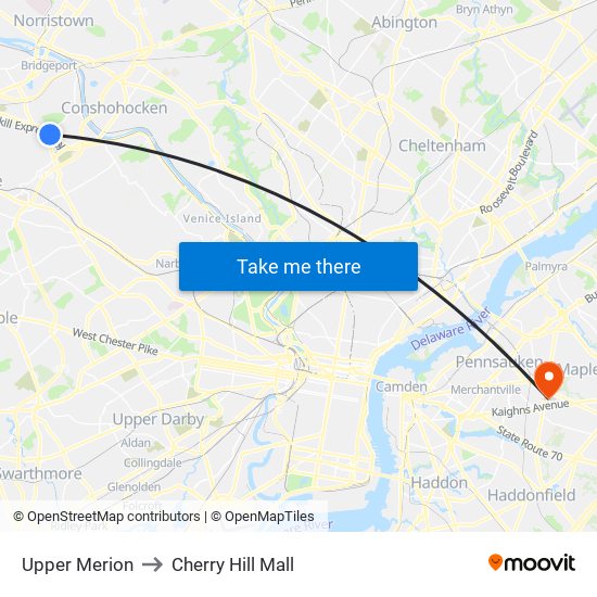 Upper Merion to Cherry Hill Mall map